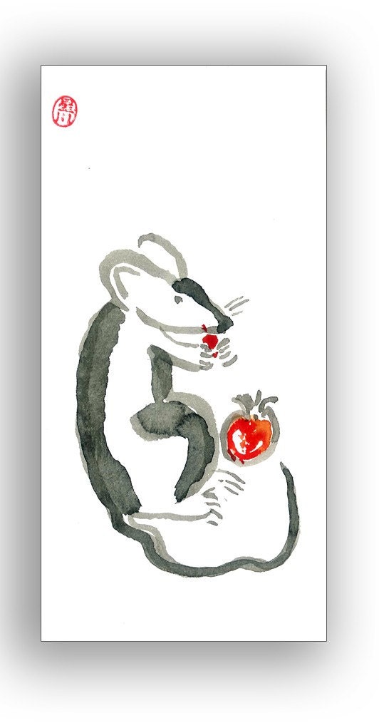 Zen Mouse Eating Autumn Pomegranate Sumi Painting