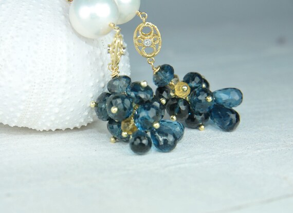 Jewelry, Earrings, London blue Topaz, Diamond, Blue Earrings, Stunning, Bridal Jewelry,, something blue,   Diamond,   Pearl earrings