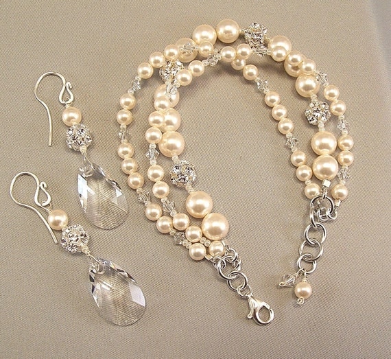 Ivory Pearls and Crystal Bracelet and Earring Set by Handwired swarovski 