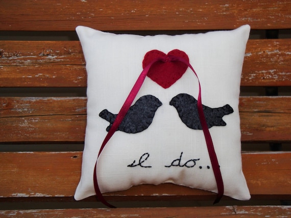 Love Birds I Do ring bearer pillow- burgundy and charcoal by Petite25