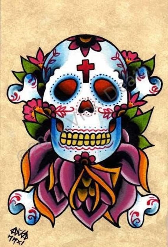 Sugar Skull and Cross Bones Original Tattoo Art From vickideath