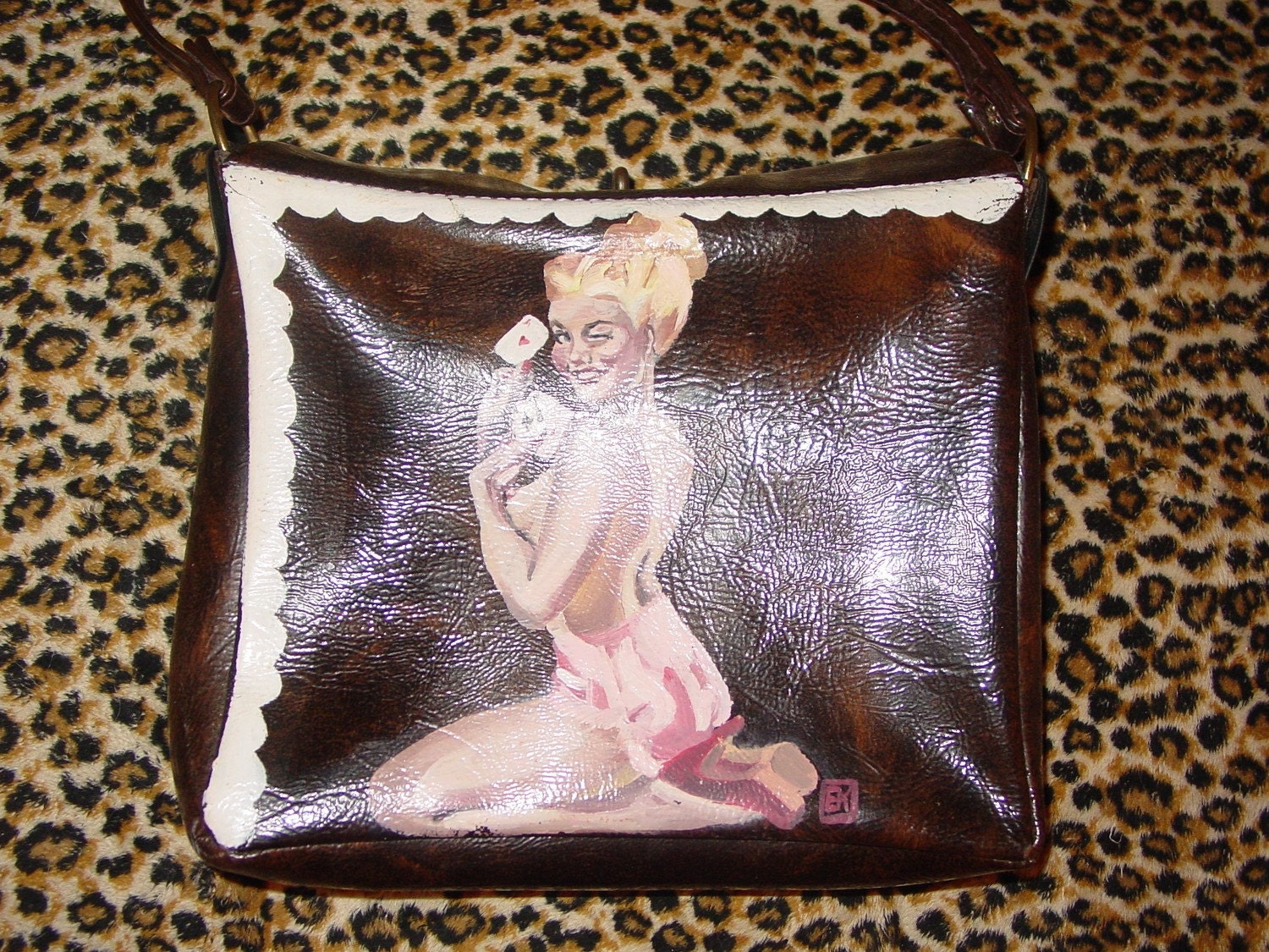 Hand PAINTED 1970s patent leather purse Pin up girl
