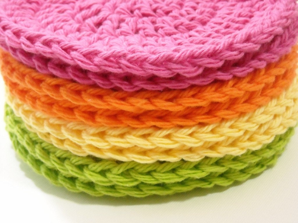 Face Scrubbies Makeup Remover Pads Crochet Cotton Washcloth Bright Orange, Pink, Lime, Yellow Set of 8