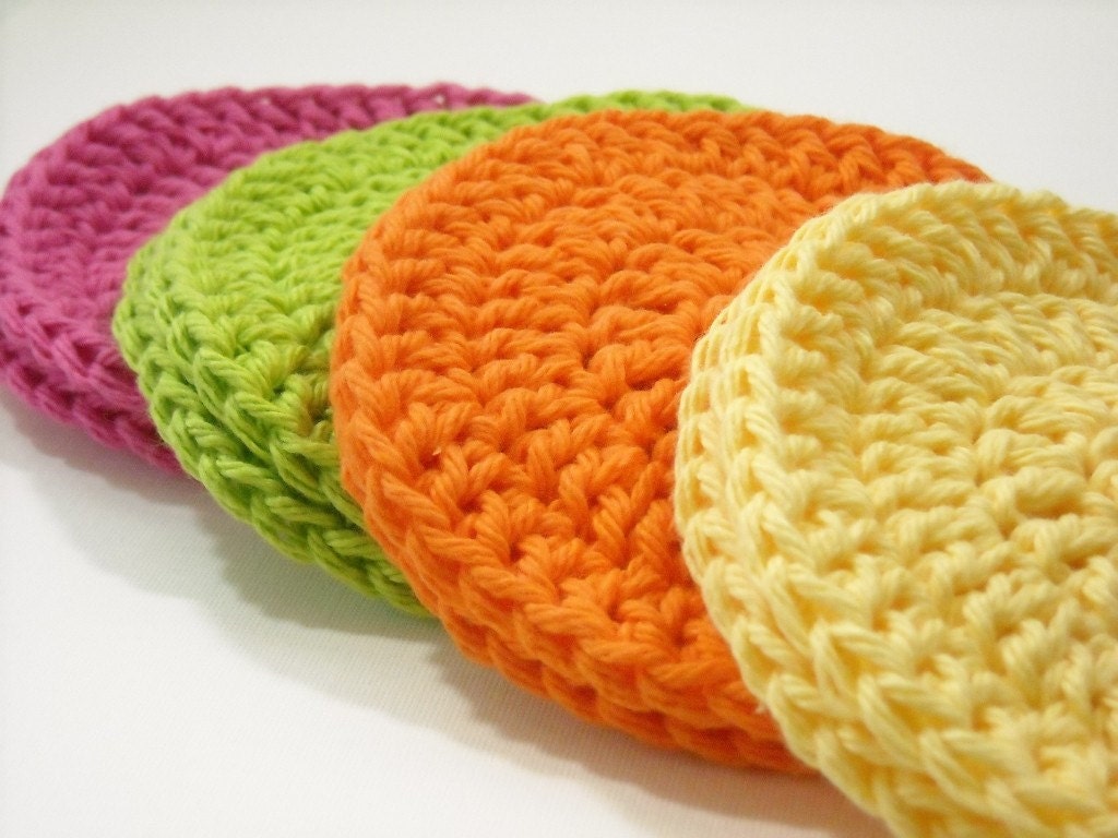 Face Scrubbies Makeup Remover Pads Crochet Cotton Washcloth Bright Orange, Pink, Lime, Yellow Set of 8