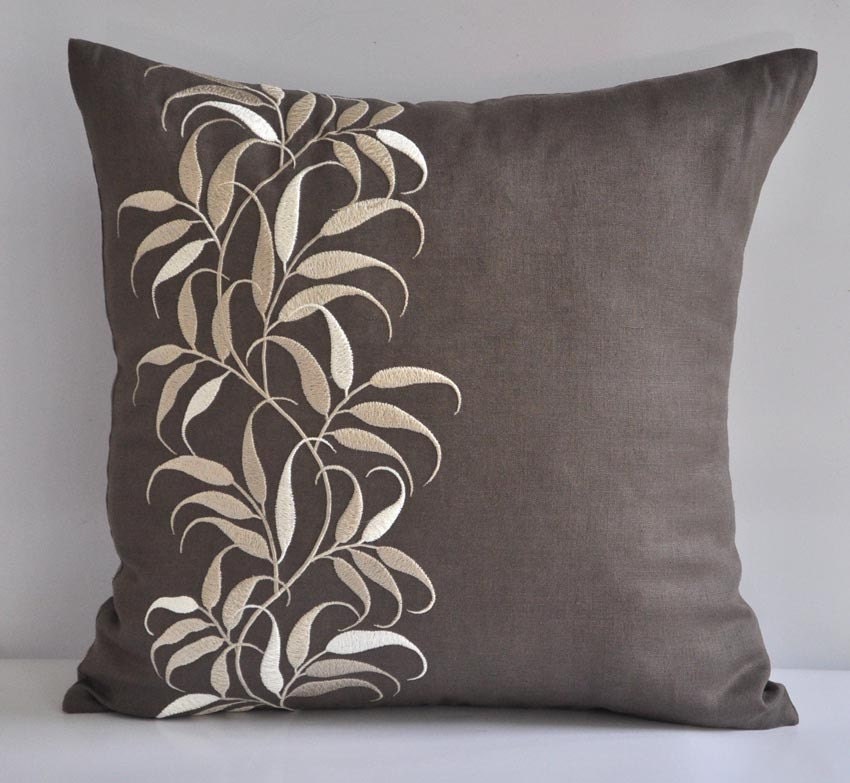 Lovely Leaves- 18" x 18" Decorative Pillow Cover - Medium Taupe Linen Fabric with Beige Leaves Embroidery