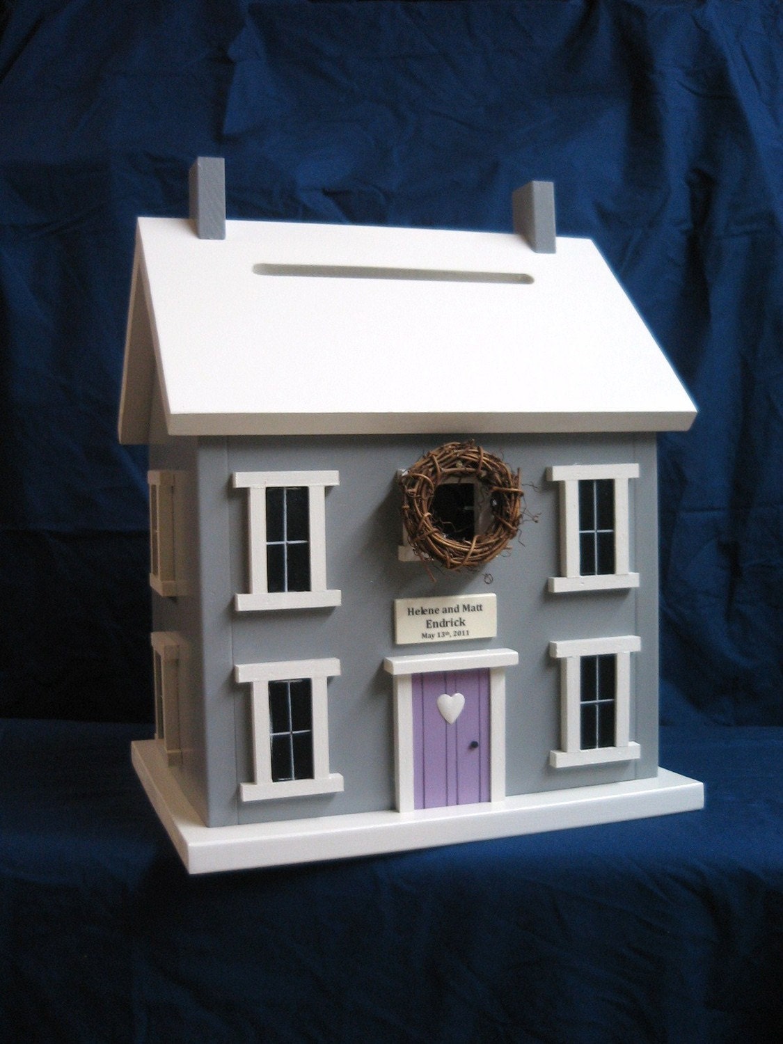 Wedding Reception Money Card Holder and Birdhouse Gray White Amethyst