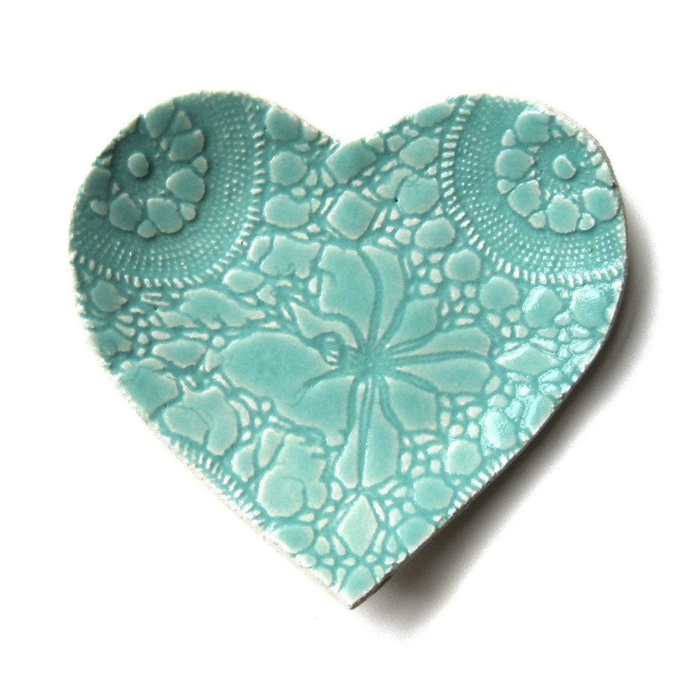 Seafoam heart plate in turquoise blue stoneware ceramic with lace crochet imprint - home decor, soap dish, catch all, ring saver, dessert