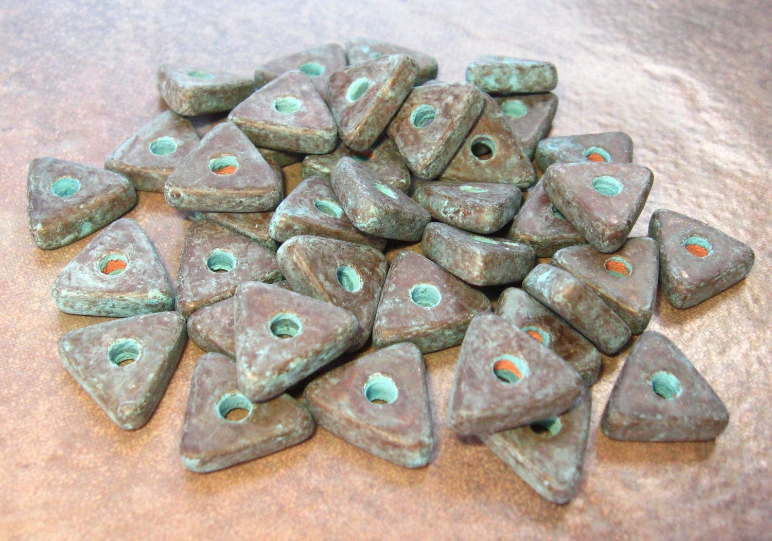 10 GREEN PATINA Mykonos Greek Ceramic Beads - Triangle Washer Beads - 10mm