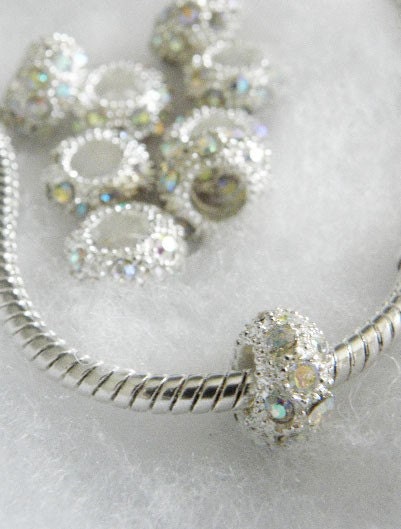 FREE SHIPPING   european beads Rhinestone charm whtie ab coated PBB267