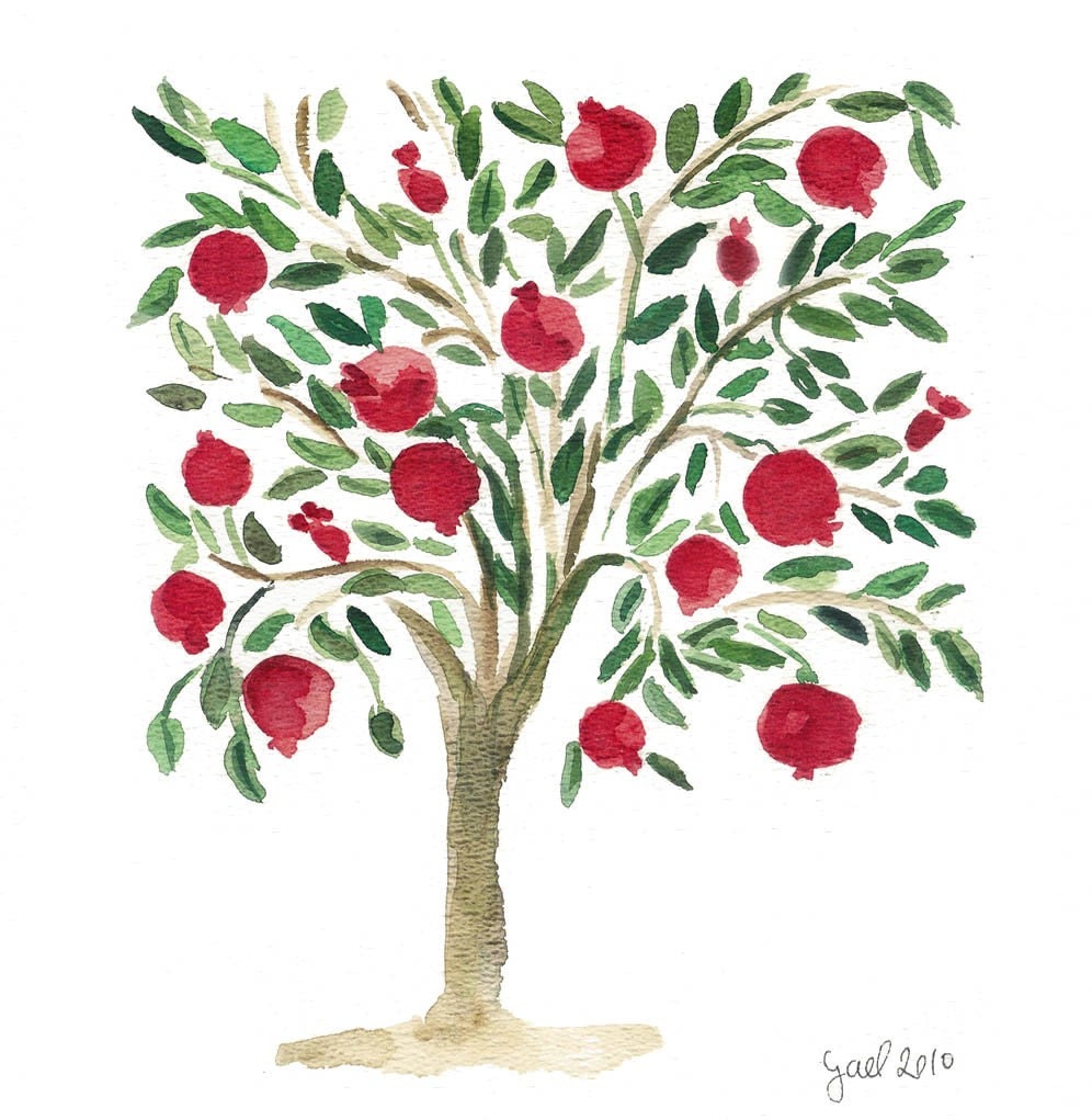 Fine Art  Print -The  Pomegranate Tree Naive folk art inspired in Red Green Bordeaux and brown limited edition