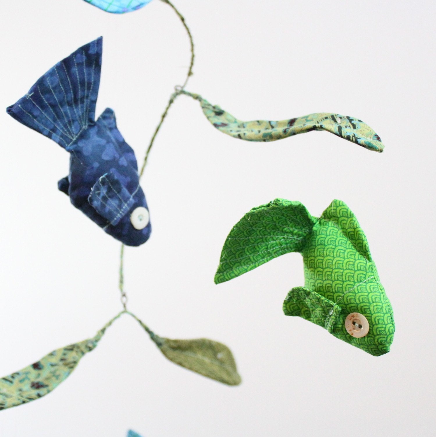 Fabric Fish Mobile - 4 goldfish swim along merrily - in navy blue, grass green, aqua, and teal