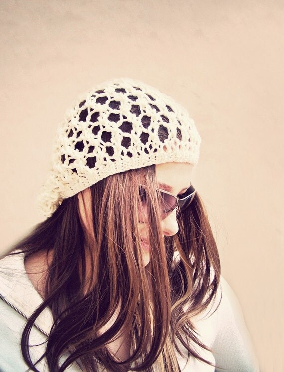 Slouchy Hat in Pastel Cream White, Spring Hat, Fishnet Beanie, Summer Fashion, Eco-Friendly