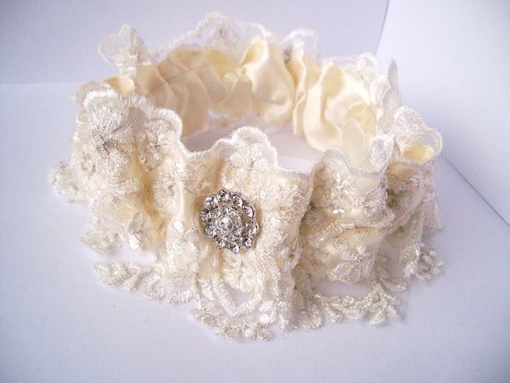 Bridal Garter White on Ivory Vintage Style Beaded Lace SET