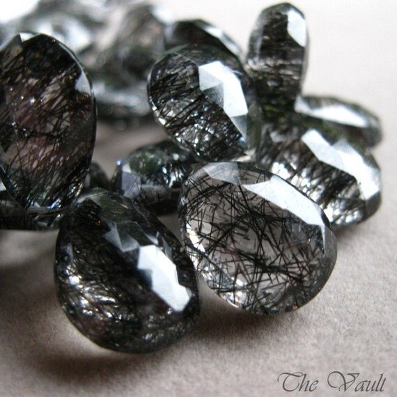 RESERVED   Tourmalinated Quartz faceted pear briolettes 12-16mm (1 pair, 1 focal)