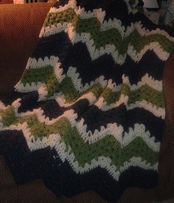 HAND CROCHETED DECORATIVE THROW LACY RIPPLES IN WINDSOR BLUE, TEA LEAF GREEN AND CREAM
