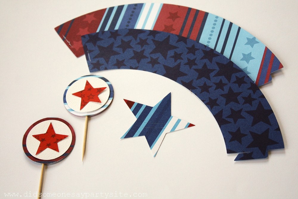 Star Cupcake Wrappers, Cupcake Toppers and Straw Toppers - FREE SHIPPING