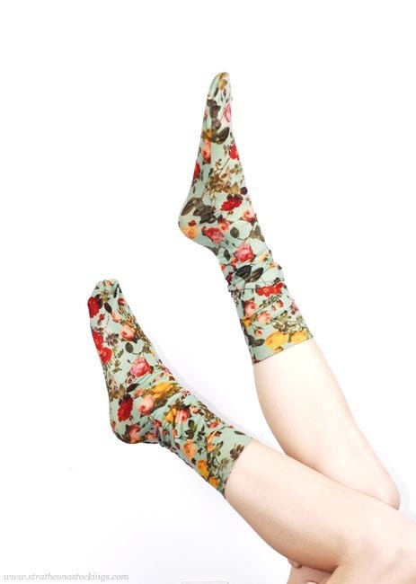 Floral Socks in Seafoam -- Hand Printed