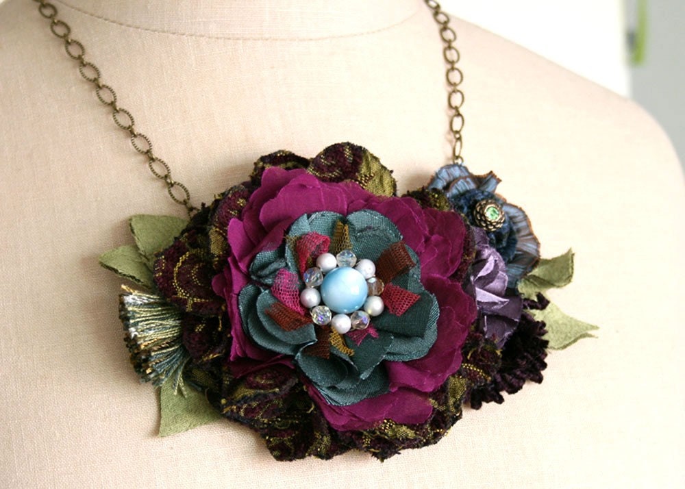 Purple, Teal and Blue Flower Statement Necklace Peacock Colors