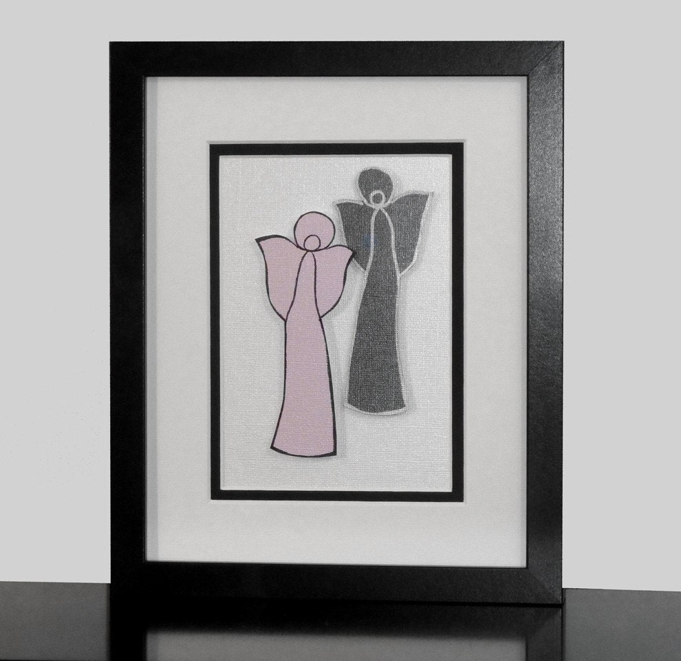 Original Collage Art, Romantic Angel Couple, Lavender Gray, Matted & Framed