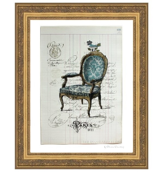 FRENCH CHAIR Blue - LARGE Art Print - Antique Vintage Ledger Book Page 150 Years Old.  Large 15 inches by 10.25 inches. The Decorated House