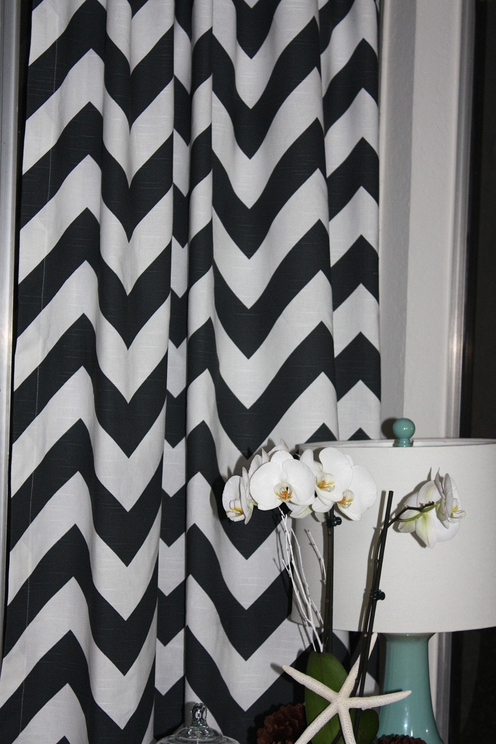 Free U.S.Shipping - Set of Two 50x84 inch Designer Rod Pocket Drapery Panels. Unlined Charcoal and White LARGE PRINT Chevron Zig-Zag.