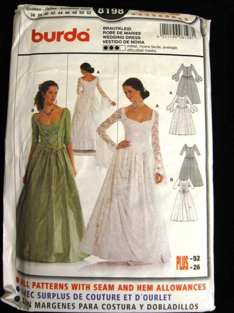 Ladies Burda Pattern 8198 - Victorian Themed Wedding Dress or Ball Gown - Size 10-26