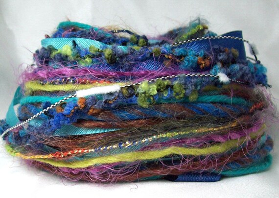 Inspiration kit Embellishment nest- 30 yards of rayon ribbon and fancy fibers, art yarns in Water Goddess