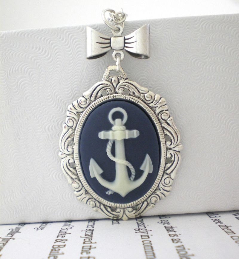 Anchor Necklace. Bow Necklace. Cameo Jewelry. Navy Blue and Ivory. Navy Wife. Marine Wife.  Exclusive Original Design by My Sweet November.