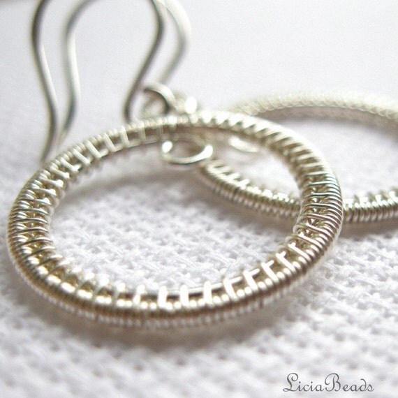Circle in Time - wire wrapped sterling silver circle dangle earrings