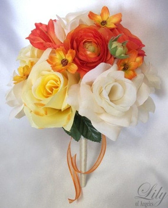  Flower Wedding Decoration Bridal Bouquet ORANGE YELLOW Lily Of Angeles