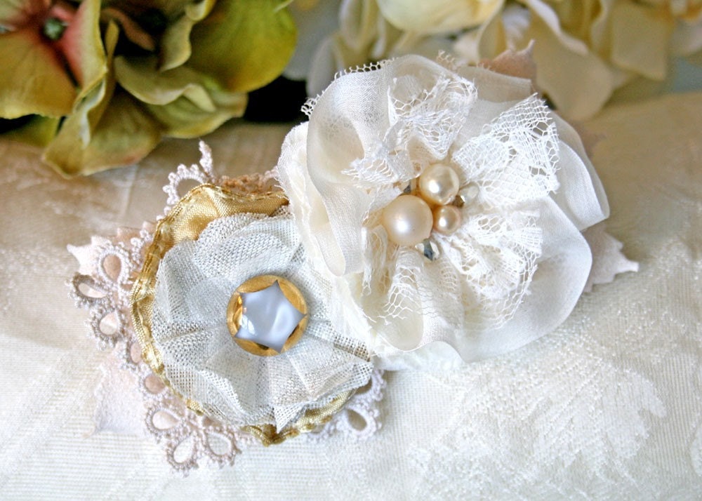 Bridal Flower Fascinator Hair Barrette Ivory White and Pearl