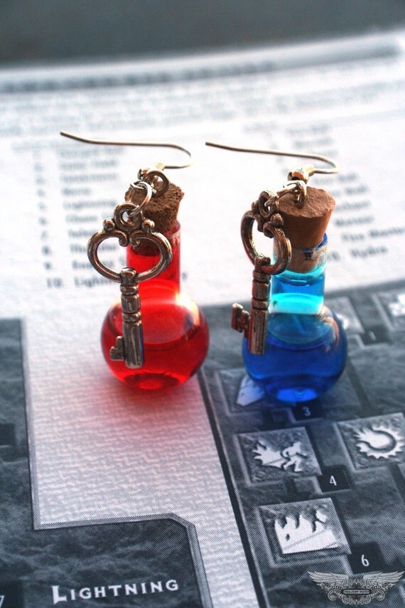 Diablo Inspired Mana and Health Potion Earrings with Key Charms PC Video Gamer