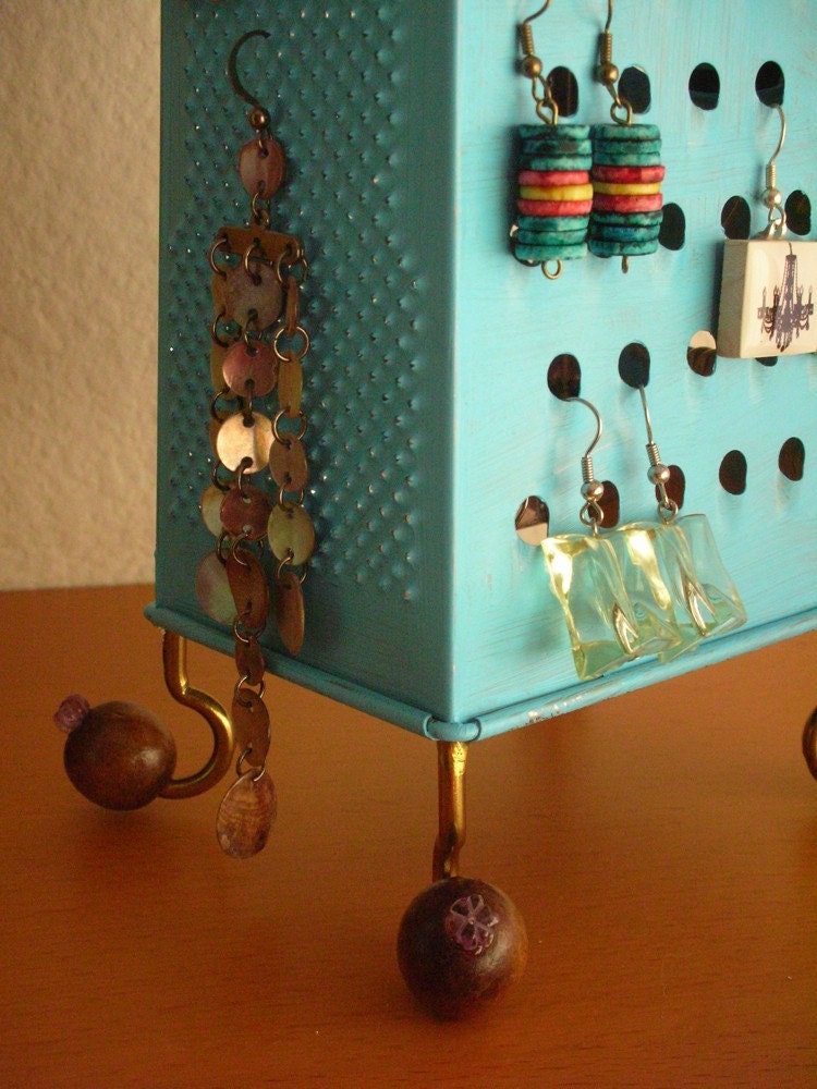 Unique Earring Stand,  Fun Surrealistic Style Retro Industrial Object,Turquoise , Re Purposed Cheese Grater