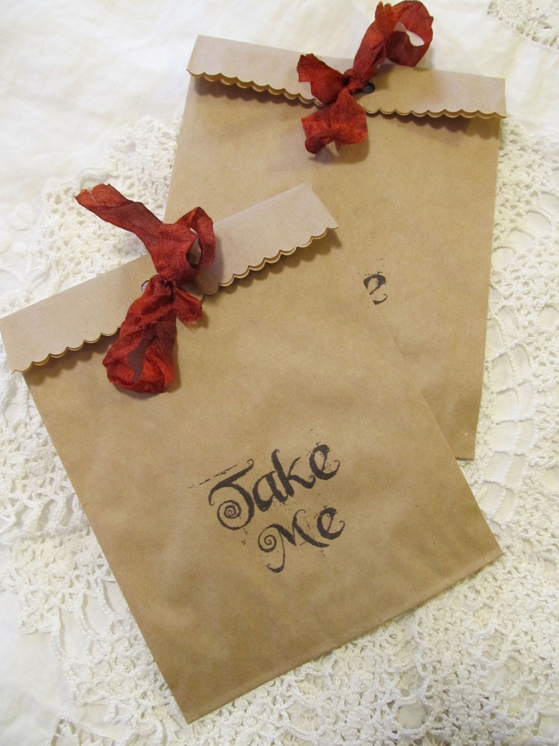Take Me Kraft Paper Party Favor Treat Bags with Ribbon - Set of 10