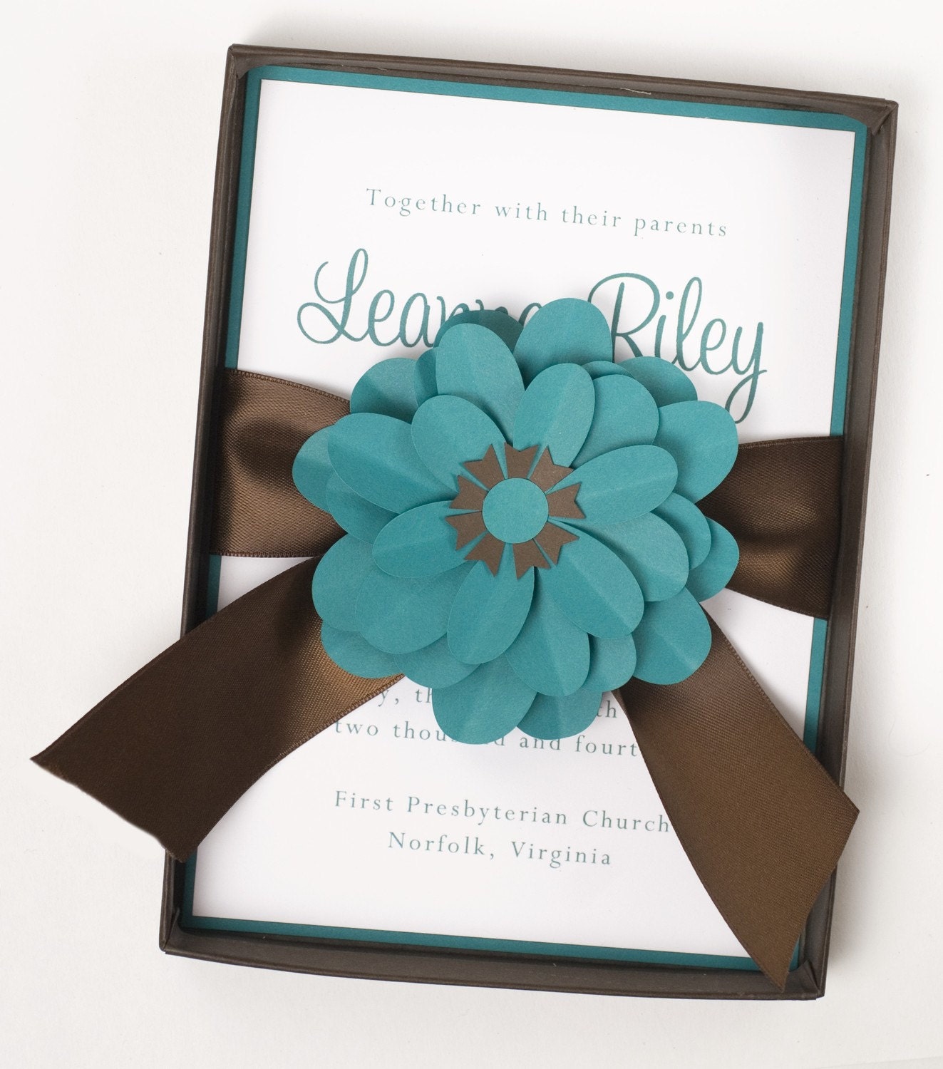 Luxury Teal and Brown Flower Boxed Wedding Invitation Teal Splendor