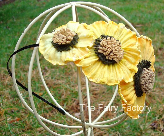 Желтый и черный Полевые цветы Трио на Тощий черный металл или головная повязка Stretchy Повязка - бесплатно Судно Промо