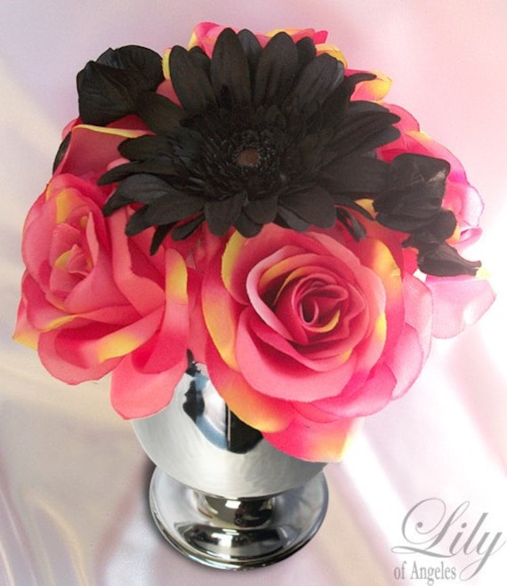 6 Cup Centerpiece Wedding Decoration FUCHSIA BLACK FEATHER Lily Of Angeles