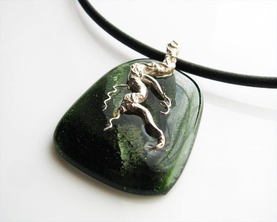 Necklace Fine Silver Branch Design on Emerald Green