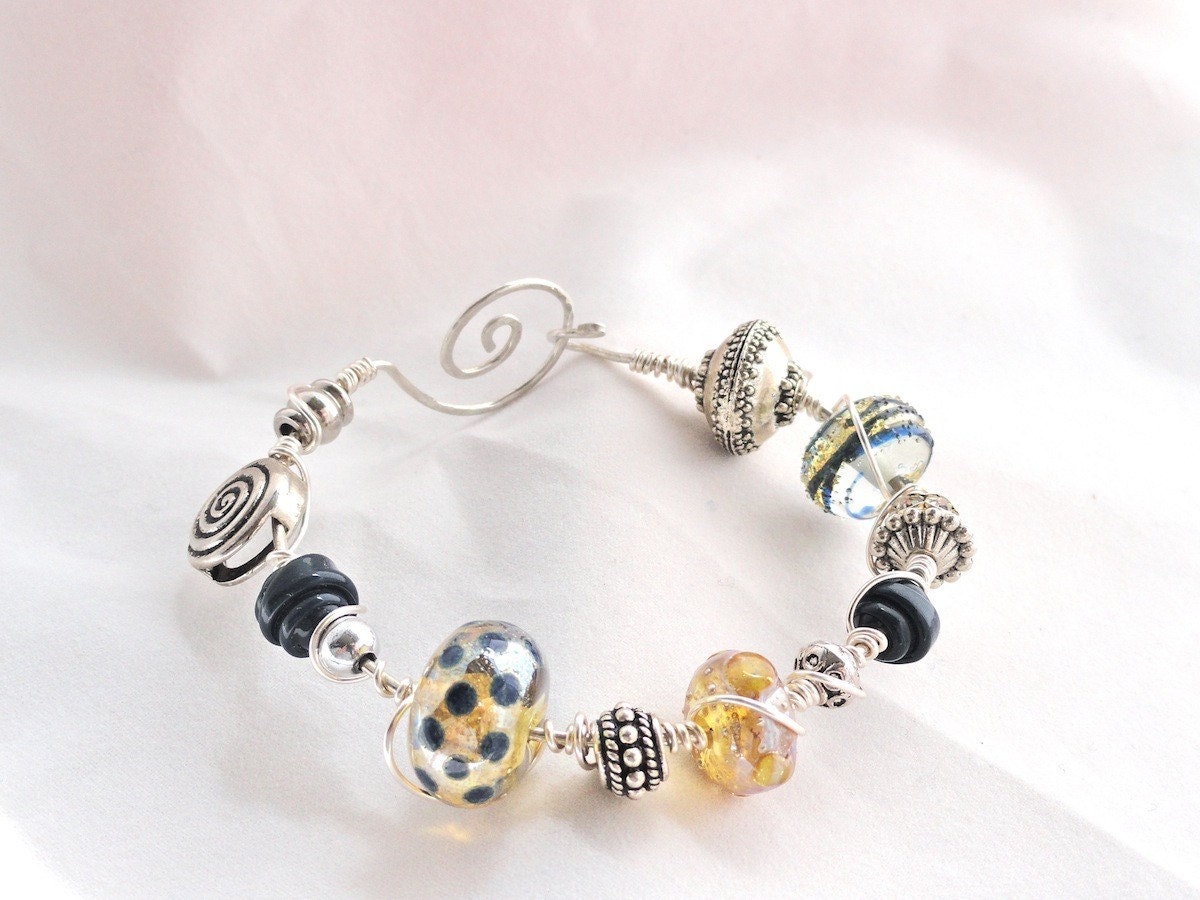 Yellow and Blue Polka Dot  Lampwork Bead Wire Wrapped Bracelet