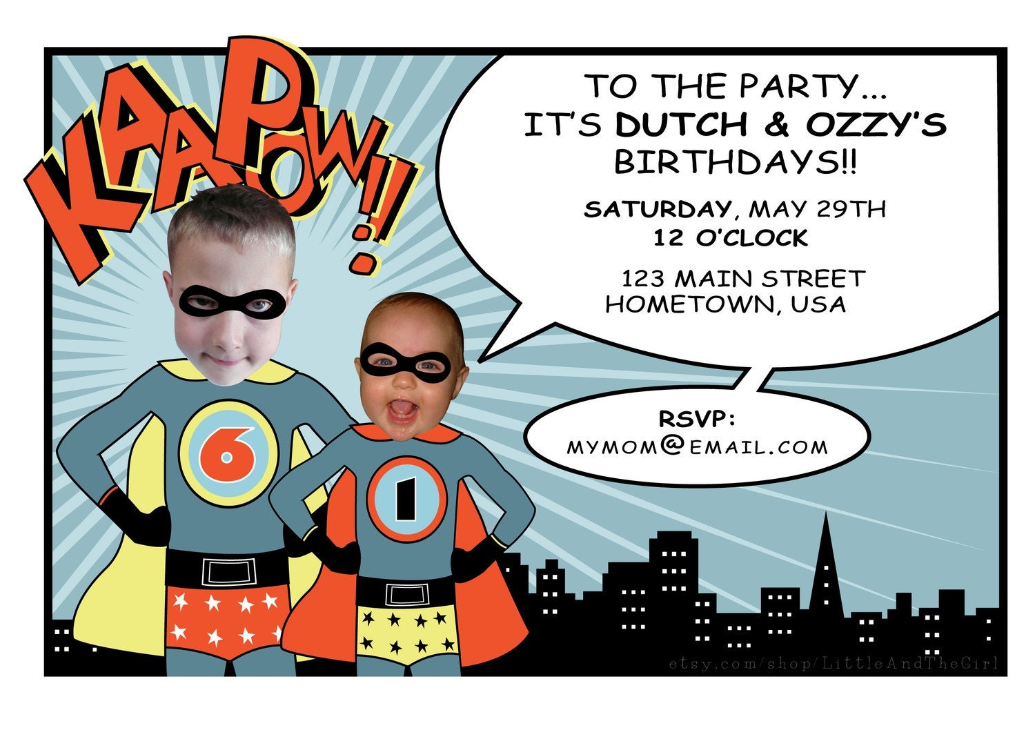 Invitation:  Superhero Brothers Birthday Party Invitation - Personalized and Printable