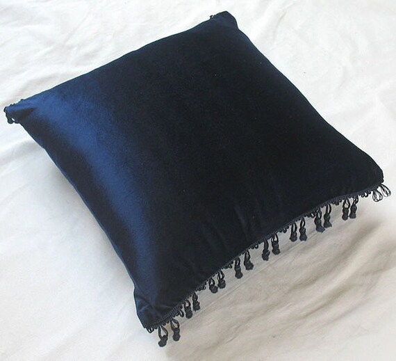 navy velvet throw pillow with tassel detailing 16 inch decorative cushion cover