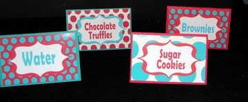 Red and Aqua Fancy Labels Buffet Cards Table Cards