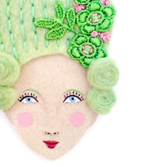 Felt brooch - Mary Antoinette, conversation piece, pistachio, bright green, woman face, wearable art
