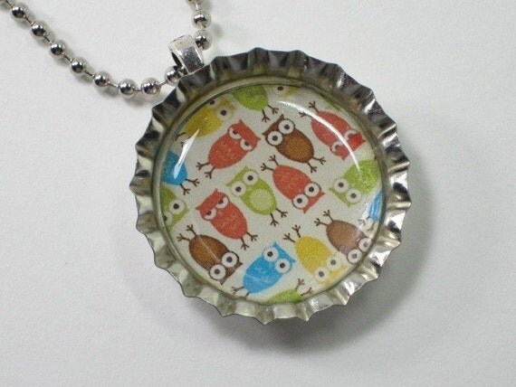 Bottlecap Necklace - Owl Collage