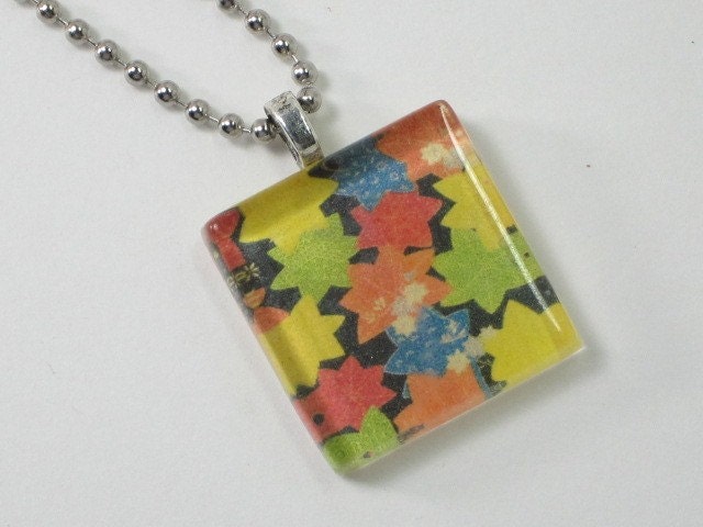 Glass Tile Pendant Necklace - Bright Collage Pattern