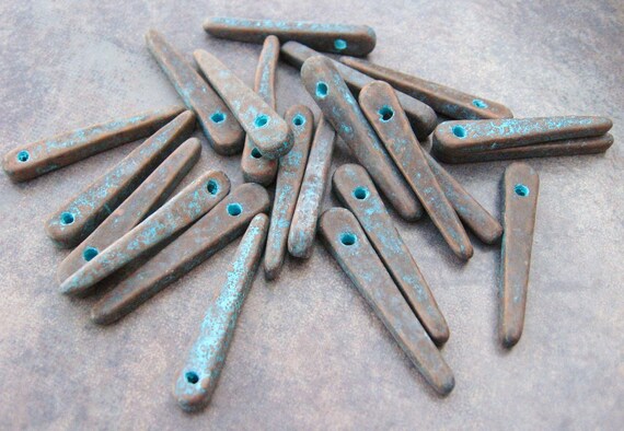 10 Mykonos Greek Ceramic Beads Green Patina Skinny Spikes