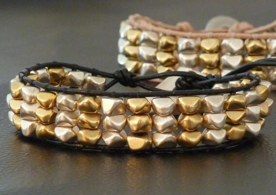Metal Head cuff bracelet, solid brass and silver nuggets on black leather