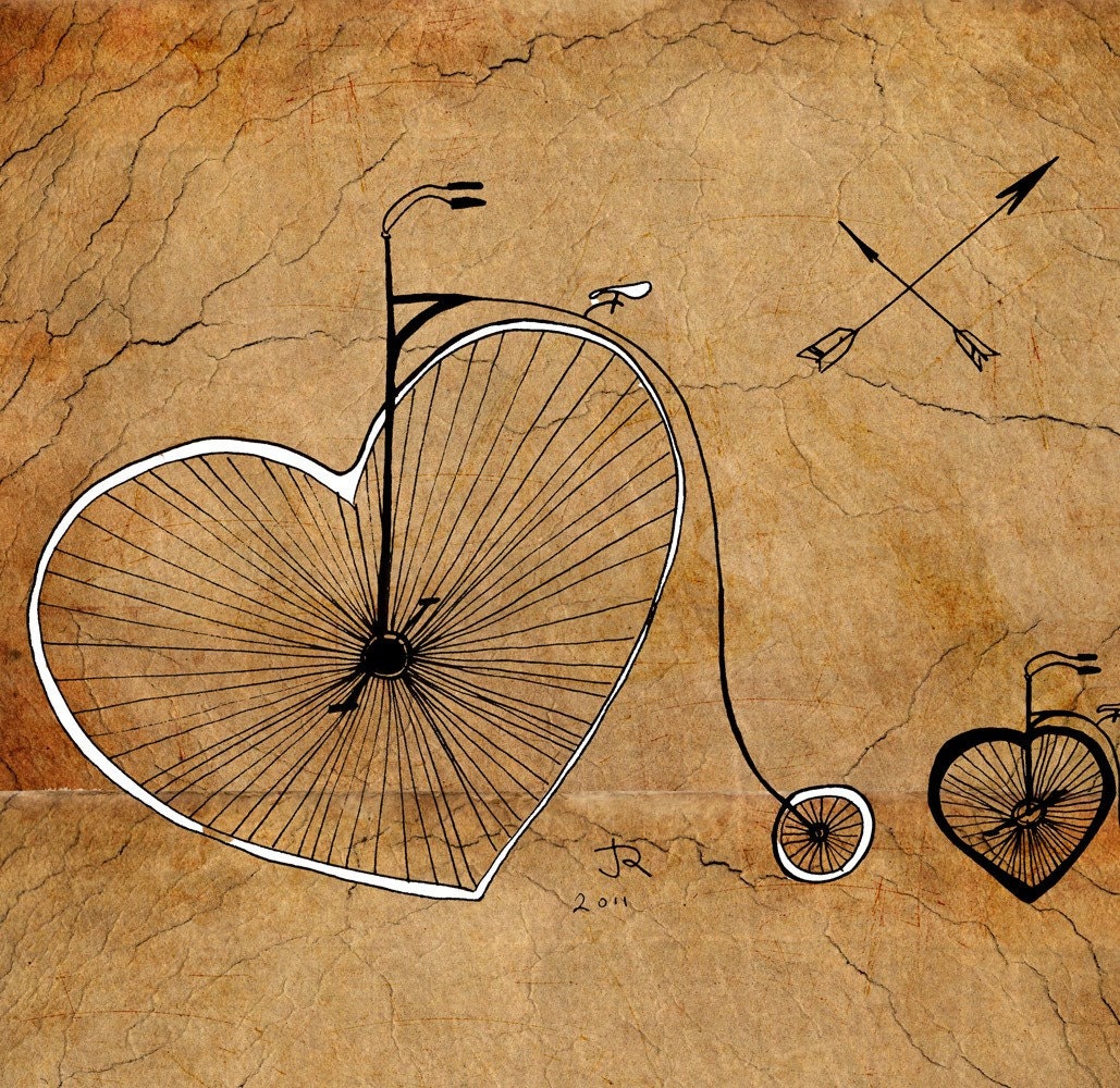 Vintage bicycles hearts love Giclee Art Print Limited edition 12''x16'' (A3)by Juri Romanov Orange Optimist