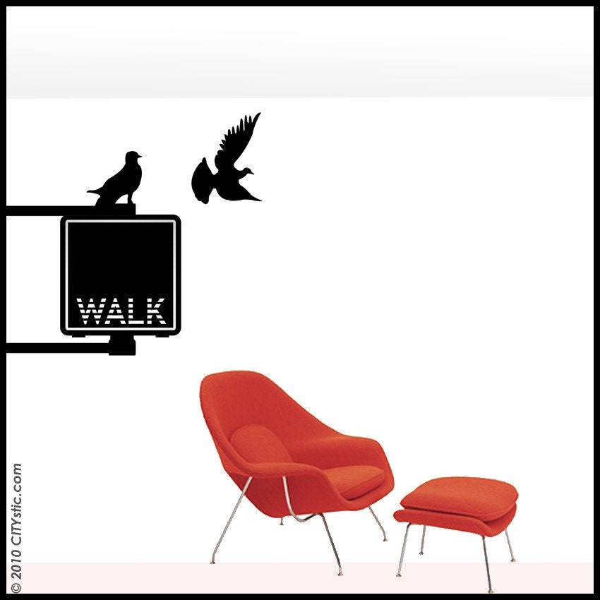 NYC : WALL DECAL - Walk Sign for pedestrian with pigeon.