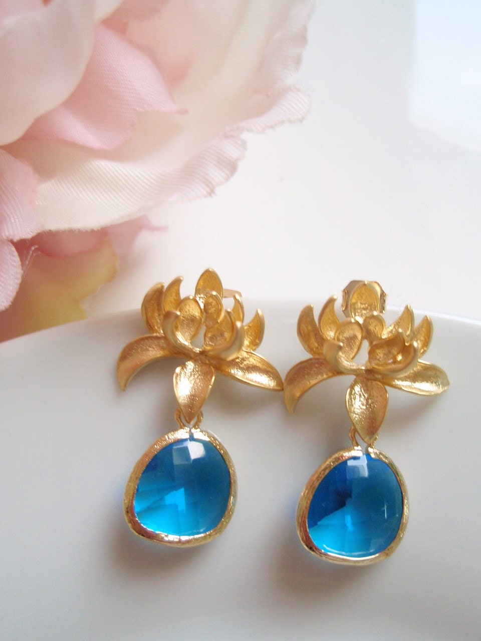 Gold Dahlia Flower - Capri Blue Earrings